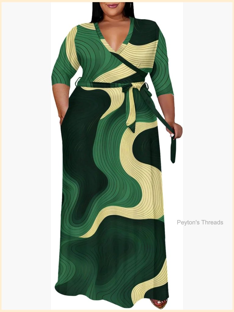 Plus Size Maxi Dress With Pockets - V Neck 3/4 Sleeve Wrap Dress
